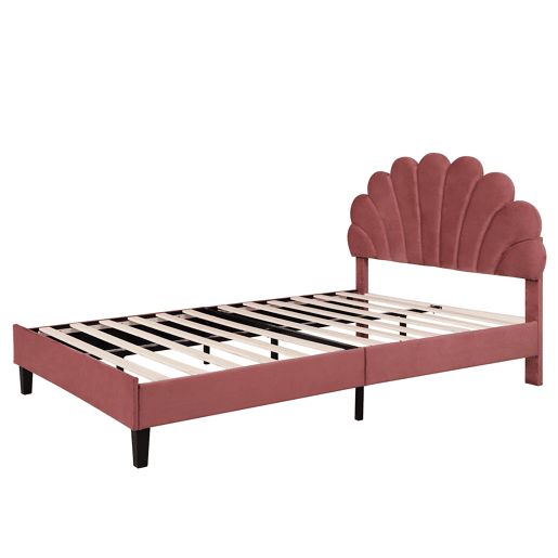 Cama de casal estofada em veludo - 140x200cm - cabeceira em forma de flor - com estrado de ripas - Vermelho