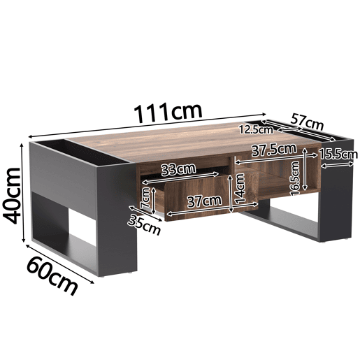 Mesa de centro com uma gaveta - estilo industrial - Castanho e preto