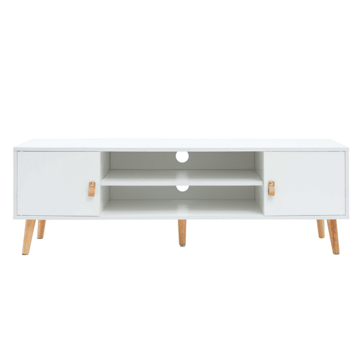 Móvel de TV Anzio com 2 portas, 1 prateleira e pés em madeira de pinho branco fosco, feito de melamina 140 cm
