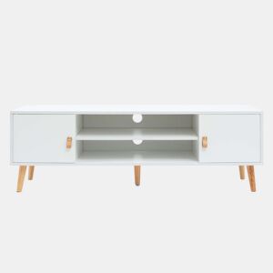 Móvel de TV Anzio com 2 portas, 1 prateleira e pés em madeira de pinho branco fosco, feito de melamina 140 cm