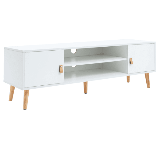 Móvel de TV Anzio com 2 portas, 1 prateleira e pés em madeira de pinho branco fosco, feito de melamina 140 cm
