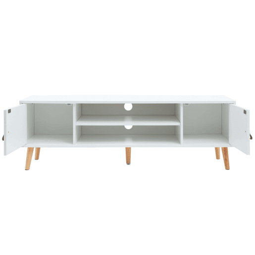 Móvel de TV Anzio com 2 portas, 1 prateleira e pés em madeira de pinho branco fosco, feito de melamina 140 cm