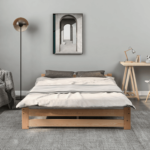 Cama individual de madeira maciça 140x200cm com cabeceira e estrado de molas - Natural