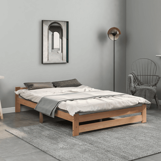 Cama individual de madeira maciça 140x200cm com cabeceira e estrado de molas - Natural