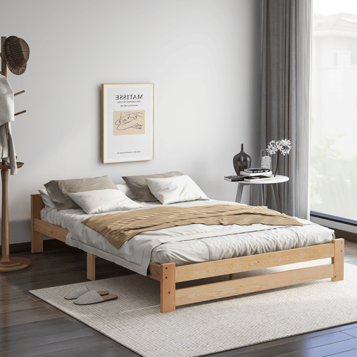 Cama individual de madeira maciça 140x200cm com cabeceira e estrado de molas - Natural