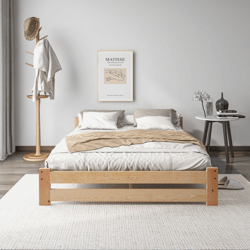 Cama individual de madeira maciça 140x200cm com cabeceira e estrado de molas - Natural