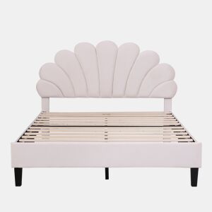 Cama de casal estofada em veludo - 140x200cm - cabeceira em forma de flor - com estrado de molas - Bege