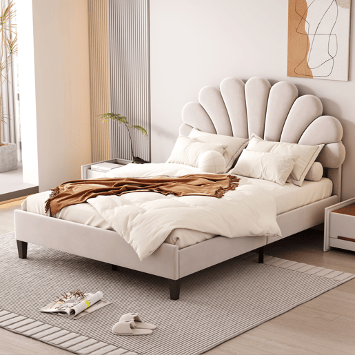 Cama de casal estofada em veludo - 140x200cm - cabeceira em forma de flor - com estrado de molas - Bege