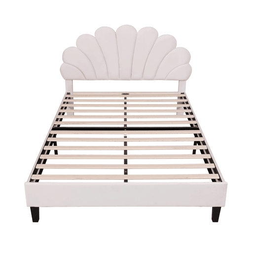 Cama de casal estofada em veludo - 140x200cm - cabeceira em forma de flor - com estrado de molas - Bege