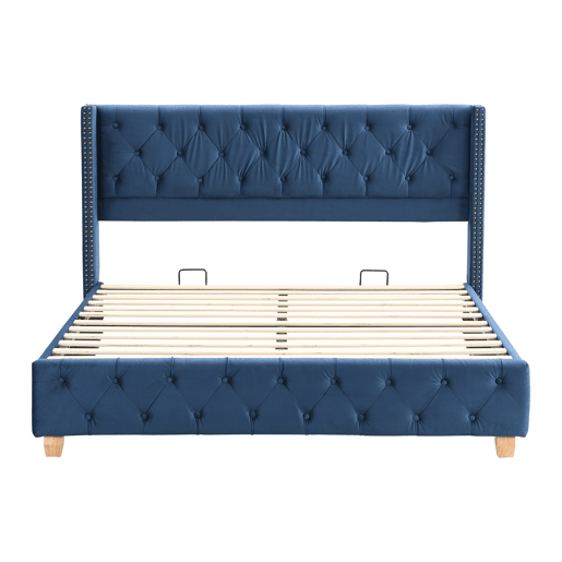Cama de adulto estofada em veludo - 160x200 cm - com estrado de molas - Azul