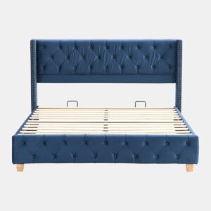 Cama de adulto estofada em veludo - 160x200 cm - com estrado de molas - Azul
