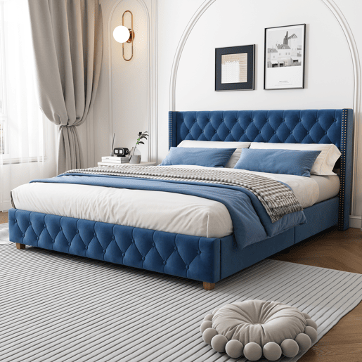 Cama de adulto estofada em veludo - 160x200 cm - com estrado de molas - Azul