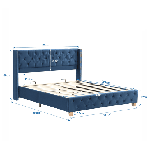 Cama de adulto estofada em veludo - 160x200 cm - com estrado de molas - Azul