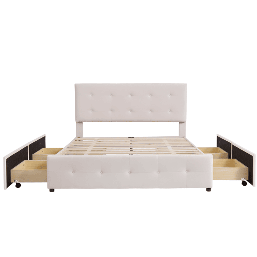 Cama de casal estofada em veludo - 140x200cm - com 4 gavetas e estrado de molas - Bege