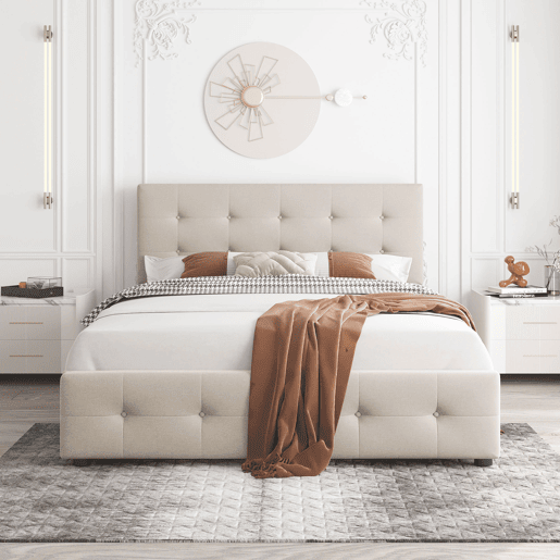 Cama de casal estofada em veludo - 140x200cm - com 4 gavetas e estrado de molas - Bege