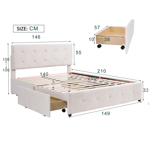 Cama de casal estofada em veludo - 140x200cm - com 4 gavetas e estrado de molas - Bege