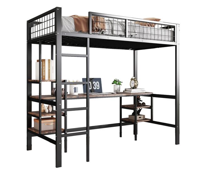 Cama alta infantil,cama individual de metal 90x200cm con mesa,estante,escalera y protección contra caídas,negro