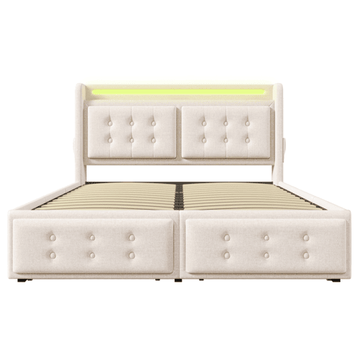 Cama de adulto 160x200cm em tecido de linho - com LED e portas de carregamento - 4 gavetas - Bege Cama de adulto 160x200cm em tecido de linho - com LED e portas de carregamento - 4 gavetas - Bege