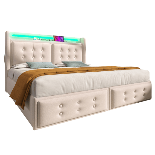 Cama de adulto 160x200cm em tecido de linho - com LED e portas de carregamento - 4 gavetas - Bege Cama de adulto 160x200cm em tecido de linho - com LED e portas de carregamento - 4 gavetas - Bege