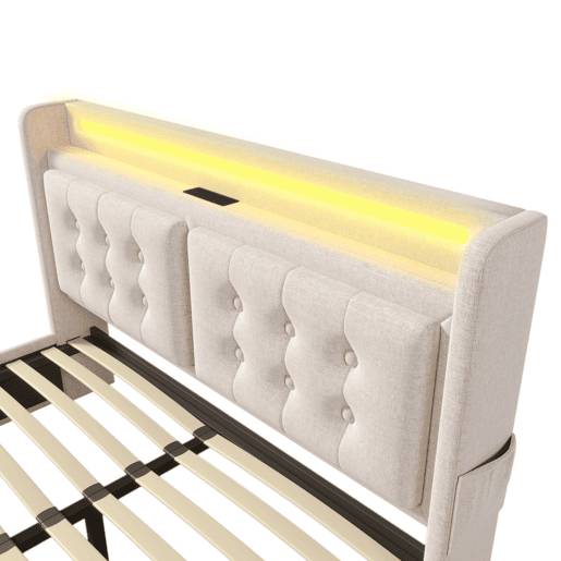 Cama de adulto 160x200cm em tecido de linho - com LED e portas de carregamento - 4 gavetas - Bege Cama de adulto 160x200cm em tecido de linho - com LED e portas de carregamento - 4 gavetas - Bege