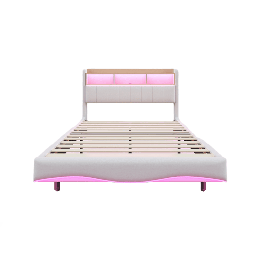 Cama de adulto 140x200 cm em tecido de linho - cabeceira com arrumação com LED e tomadas - Bege