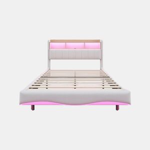 Cama de adulto 140x200 cm em tecido de linho - cabeceira com arrumação com LED e tomadas - Bege