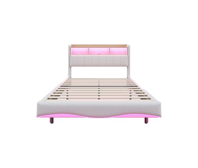 Cama de adulto 140x200 cm en tejido de lino - cabecero con almacenaje con led y enchufes - beige