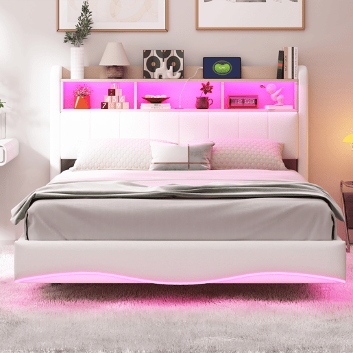Cama de adulto 140x200 cm em tecido de linho - cabeceira com arrumação com LED e tomadas - Bege