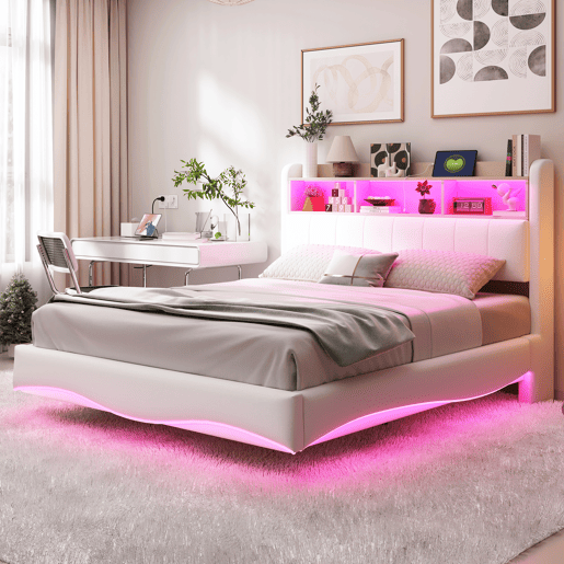 Cama de adulto 140x200 cm em tecido de linho - cabeceira com arrumação com LED e tomadas - Bege