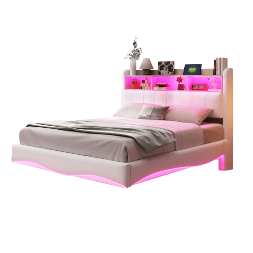 Cama de adulto 140x200 cm em tecido de linho - cabeceira com arrumação com LED e tomadas - Bege