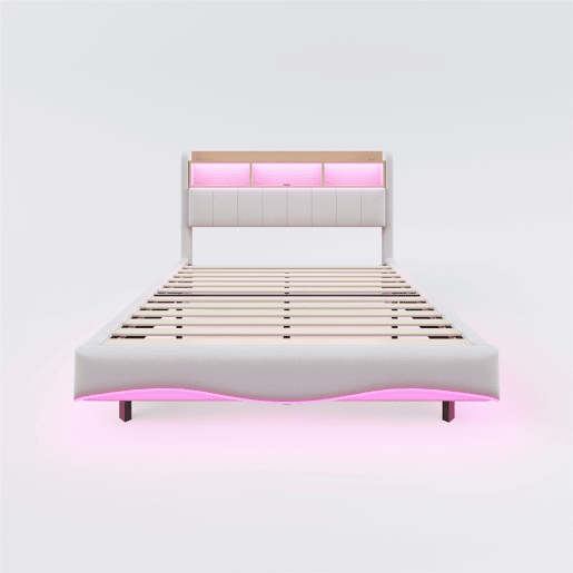 Cama de adulto 140x200 cm em tecido de linho - cabeceira com arrumação com LED e tomadas - Bege
