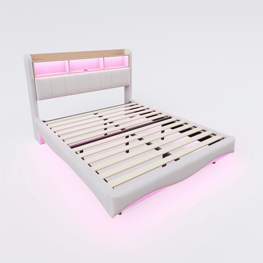 Cama de adulto 140x200 cm em tecido de linho - cabeceira com arrumação com LED e tomadas - Bege