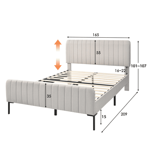 Cama de adulto estofada em tecido de linho - 160x200 cm - com cabeceira regulável e estrado de ripas - Cinzento claro