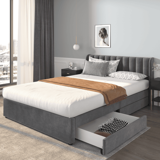 Cama 160x200cm com 2 gavetas - estofo em veludo - estilo moderno - Cinzento