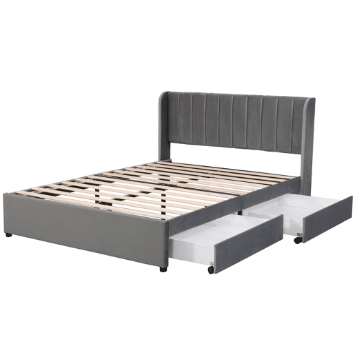 Cama 160x200cm com 2 gavetas - estofo em veludo - estilo moderno - Cinzento