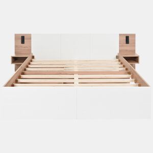 Cama de casal em madeira 180x200 cm - com 2 mesas de cabeceira e 2 gavetas - 2 luzes de leitura giratórias com tomada USB - Branco e Natural (colchão não incluído)
