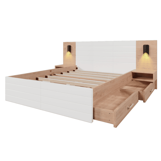 Cama de casal em madeira 180x200 cm - com 2 mesas de cabeceira e 2 gavetas - 2 luzes de leitura giratórias com tomada USB - Branco e Natural (colchão não incluído)
