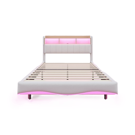 Cama de adulto 160x200 cm em tecido de linho - cabeceira com arrumação com LED e tomadas - Bege