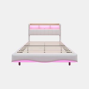 Cama de adulto 160x200 cm em tecido de linho - cabeceira com arrumação com LED e tomadas - Bege