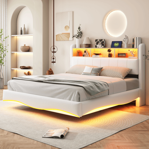 Cama de adulto 160x200 cm em tecido de linho - cabeceira com arrumação com LED e tomadas - Bege