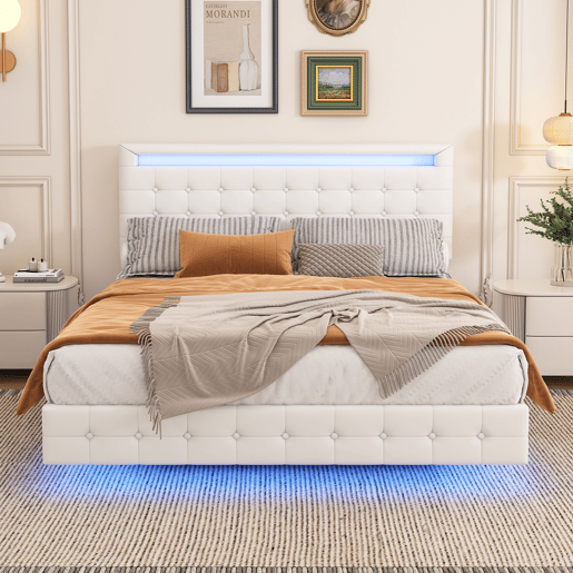 Cama para adultos 140x200cm - com LED e controlo remoto - em imitação de pele - Branco