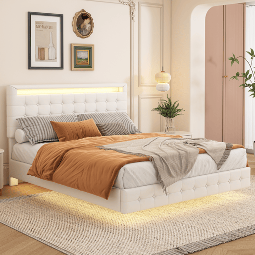 Cama para adultos 140x200cm - com LED e controlo remoto - em imitação de pele - Branco