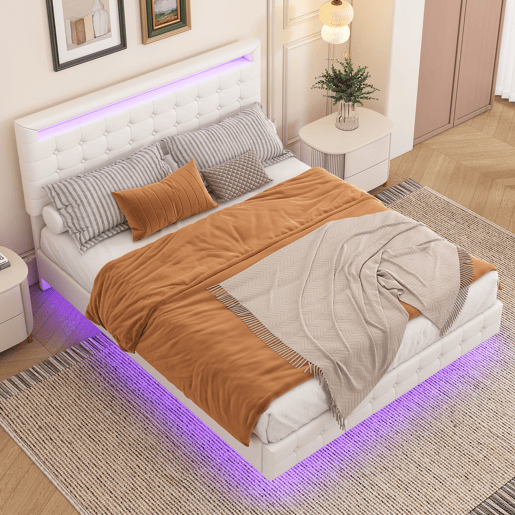 Cama para adultos 140x200cm - com LED e controlo remoto - em imitação de pele - Branco