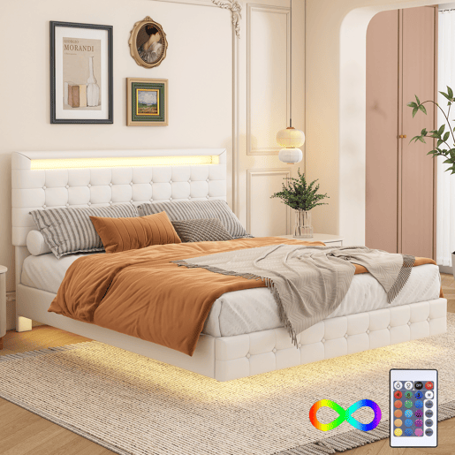 Cama para adultos 140x200cm - com LED e controlo remoto - em imitação de pele - Branco