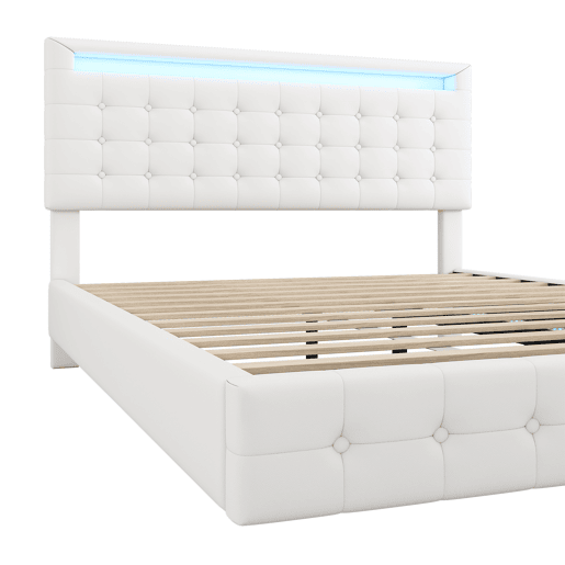 Cama para adultos 140x200cm - com LED e controlo remoto - em imitação de pele - Branco