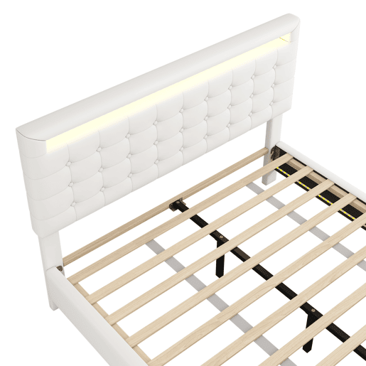 Cama para adultos 140x200cm - com LED e controlo remoto - em imitação de pele - Branco