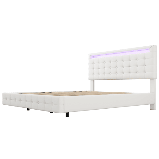Cama para adultos 140x200cm - com LED e controlo remoto - em imitação de pele - Branco