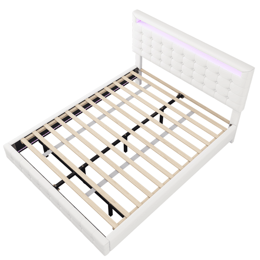 Cama para adultos 140x200cm - com LED e controlo remoto - em imitação de pele - Branco