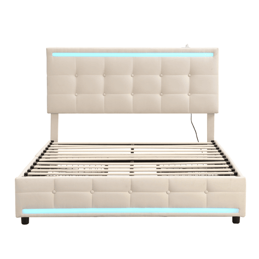 Cama estofada em linho com 4 gavetas + LED e 2 portas USB + estrado - 140x200cm - linho - bege