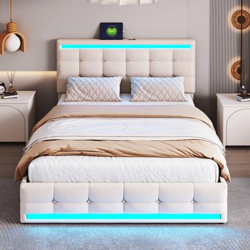 Cama estofada em linho com 4 gavetas + LED e 2 portas USB + estrado - 140x200cm - linho - bege